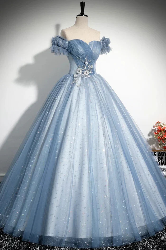 Gray Blue A-Line Tulle Sequins Long Prom Dress, Beautiful Gray Blue Evening Party Dress ED0997