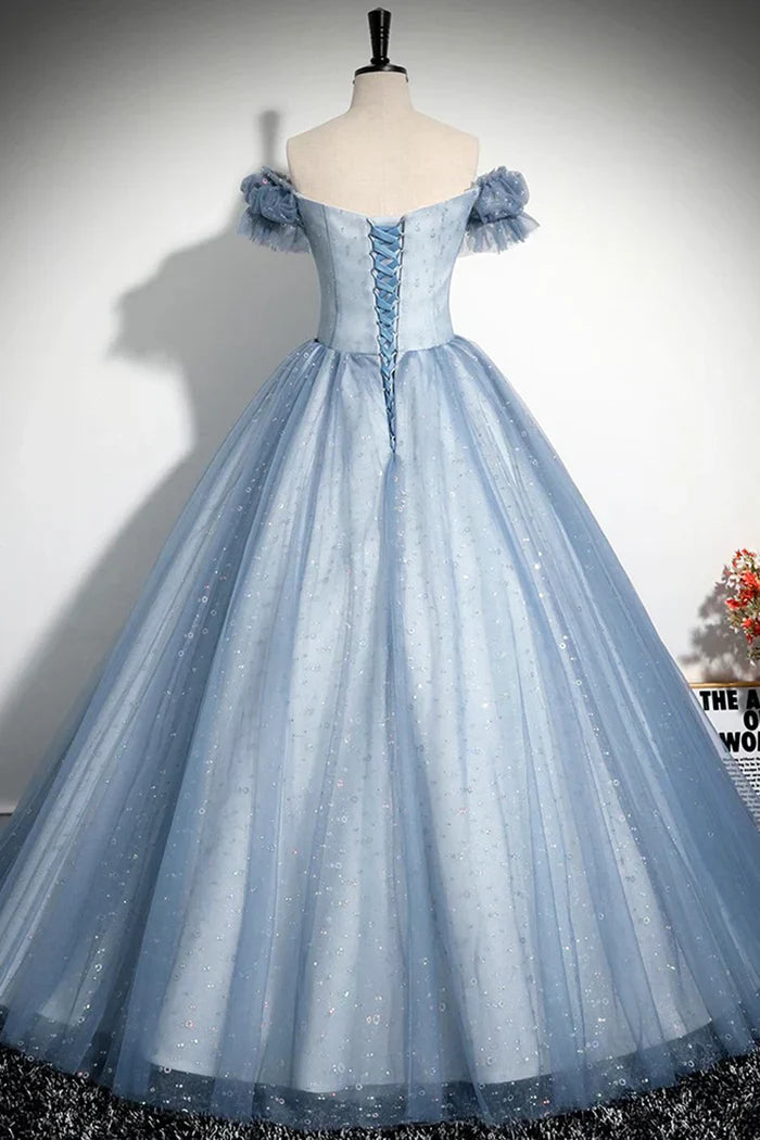 Gray Blue A-Line Tulle Sequins Long Prom Dress, Beautiful Gray Blue Evening Party Dress ED0997