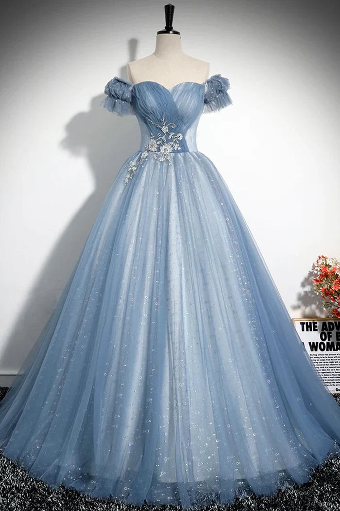 Gray Blue A-Line Tulle Sequins Long Prom Dress, Beautiful Gray Blue Evening Party Dress ED0997