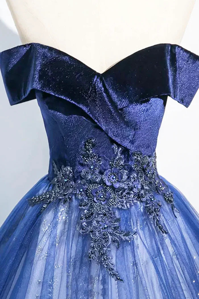 Vestido de fiesta largo de tul y terciopelo azul con corte en A, elegante vestido de fiesta con hombros descubiertos ED0998
