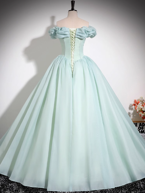 Vestido largo de fiesta verde menta de organza con cuentas y hombros descubiertos, corte A, para quinceañeras ED01475