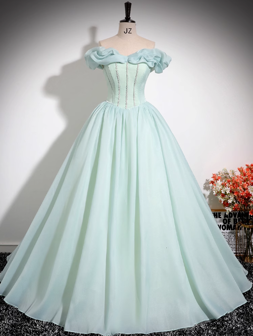 Vestido largo de fiesta verde menta de organza con cuentas y hombros descubiertos, corte A, para quinceañeras ED01475