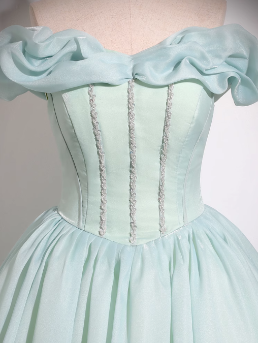 Vestido largo de fiesta verde menta de organza con cuentas y hombros descubiertos, corte A, para quinceañeras ED01475
