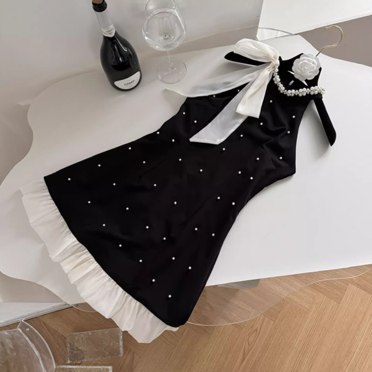 Vestido de fiesta negro de corte A con cuello halter y cuentas, vestido de regreso a casa ED0959