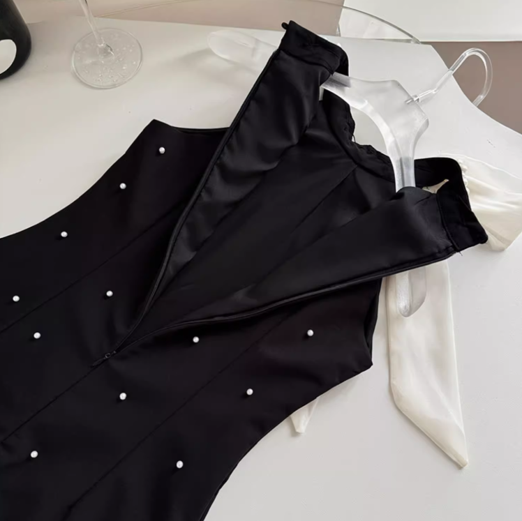 Vestido de fiesta negro de corte A con cuello halter y cuentas, vestido de regreso a casa ED0959