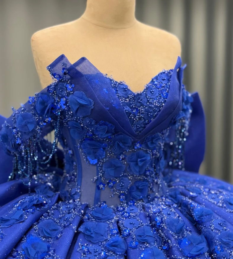 Royal Blue Ball Gown Off the Shoulder Beaded 3D Flowers Sweet 16 Dress Girls Party Gowns vestidos de quinceañera SH3266