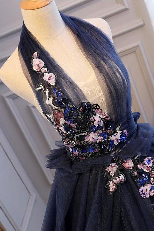 Elegant Navy Blue Long Prom Dress Halter Floral Appliques Backless Ball Gown MP718
