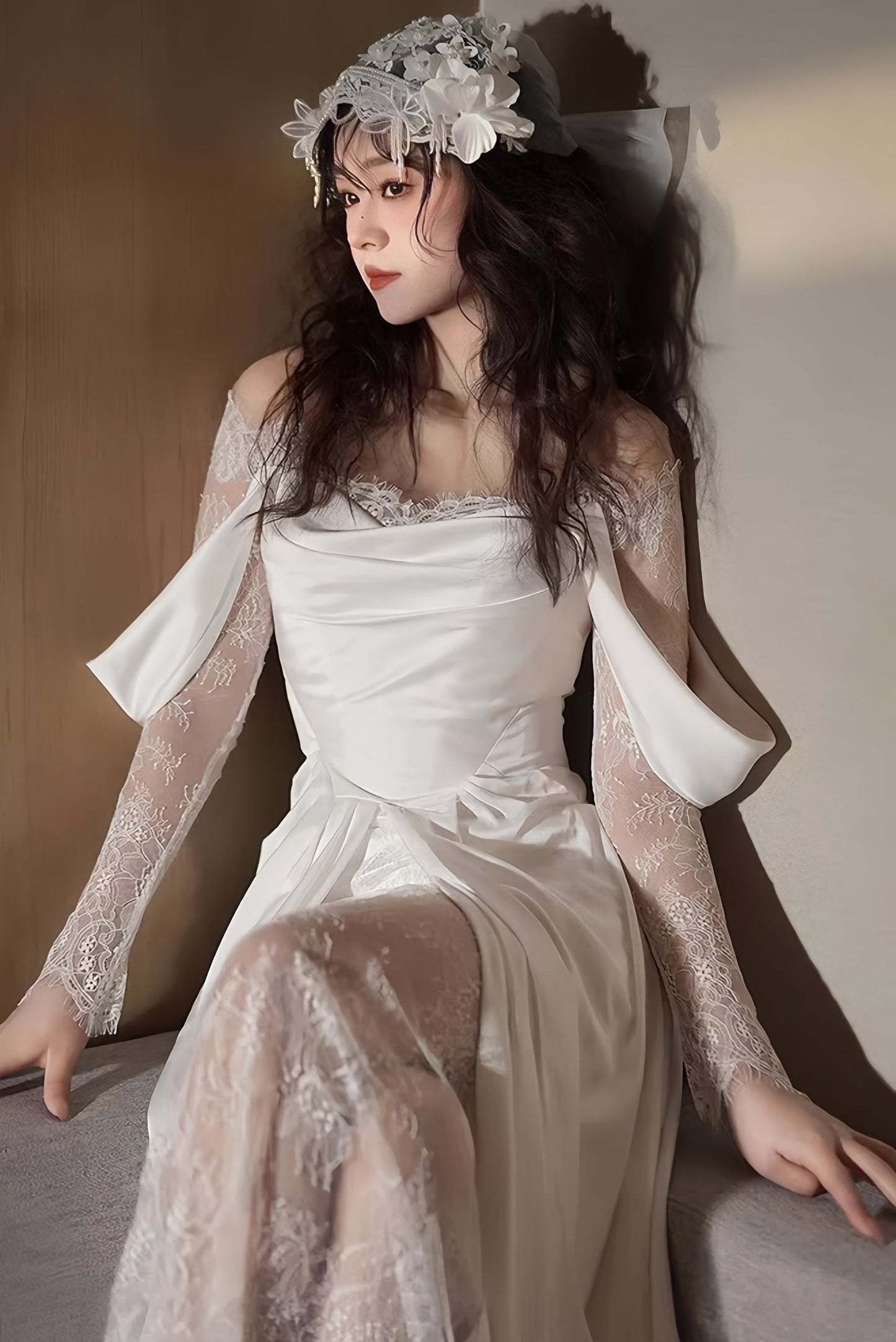 Elegant White Satin Lace Wedding Dress, Flowing Wedding Reception Dress,AST1752