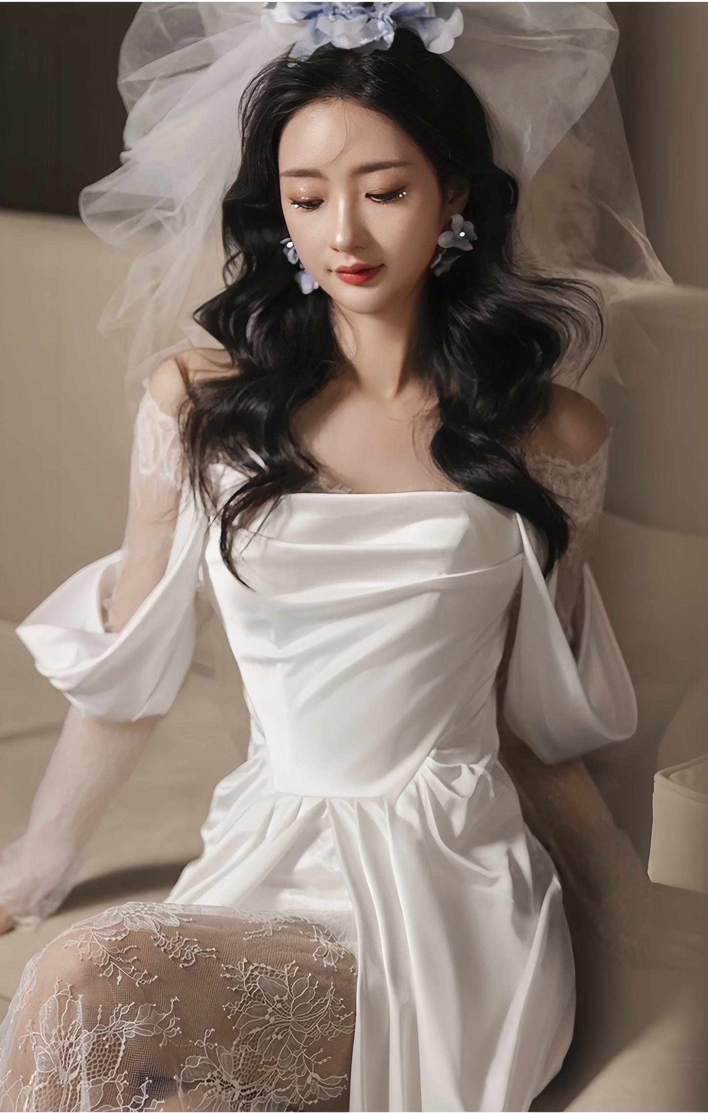 Elegant White Satin Lace Wedding Dress, Flowing Wedding Reception Dress,AST1752
