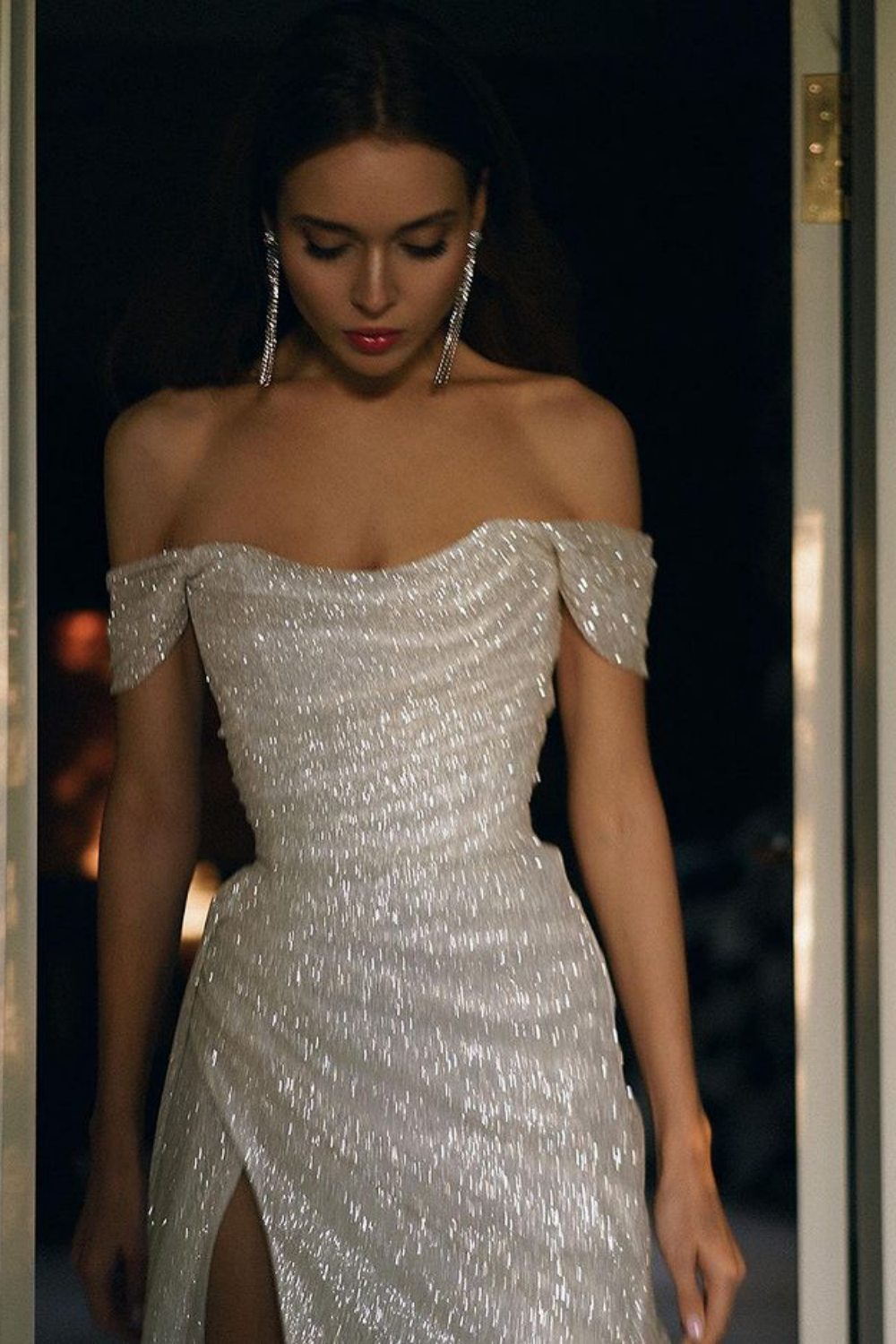 Luxurious Mermaid Off the Shoulder Silver Sequins Long Party Dress with Split Front