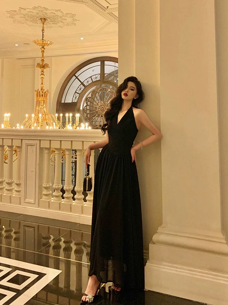 Vestidos de fiesta negros sexys con cuello halter y sin mangas, para fiesta de verano, para cumpleaños número 18, W819