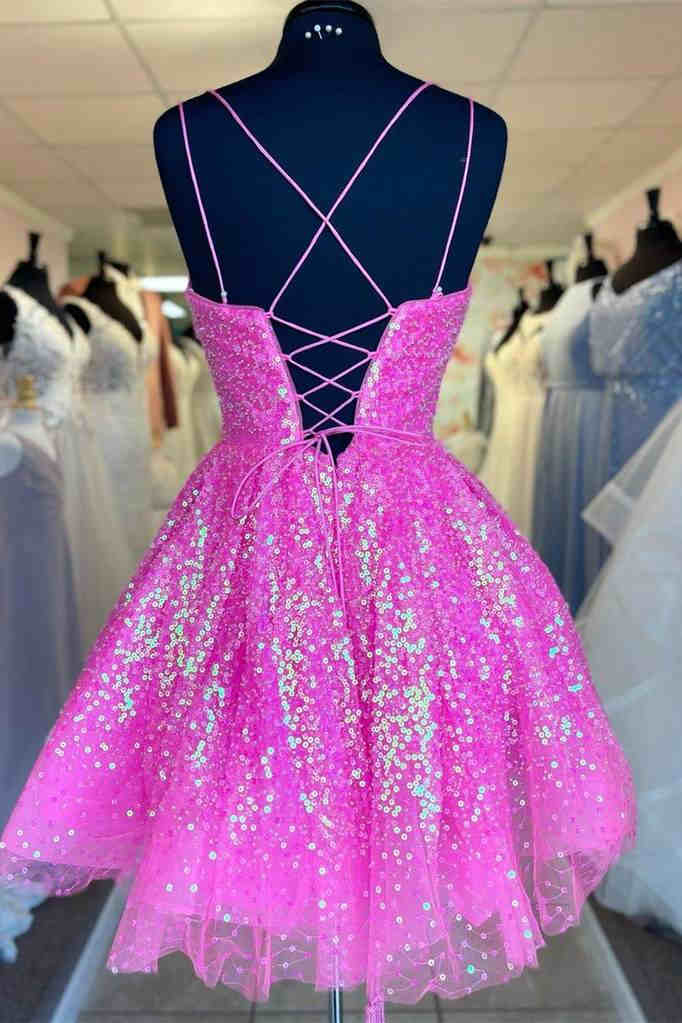 Hermoso vestido de fiesta de graduación con lentejuelas rosa intenso, corte A, vestidos de noche Hoco