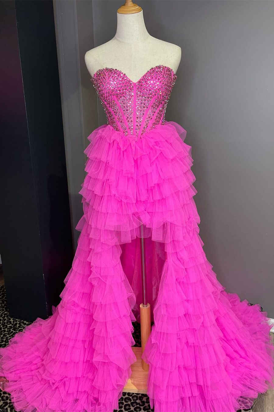 Hot Pink Hi-Low Beaded Sweetheart Prom Dresses, Tulle Tiered Formal Gown GP273