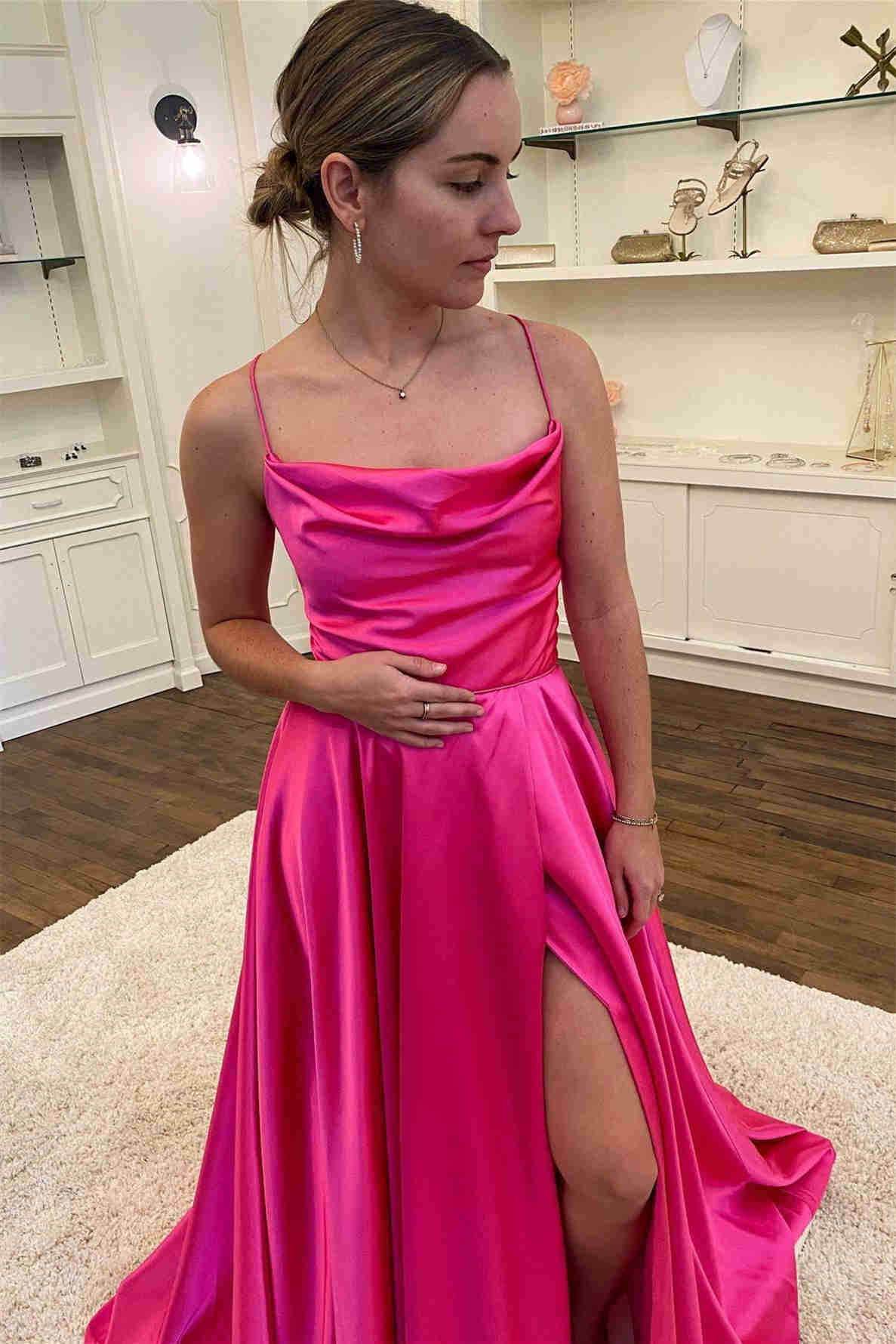 Vestido formal de satén verde con escote vuelto y abertura, corte A, vestido de fiesta único