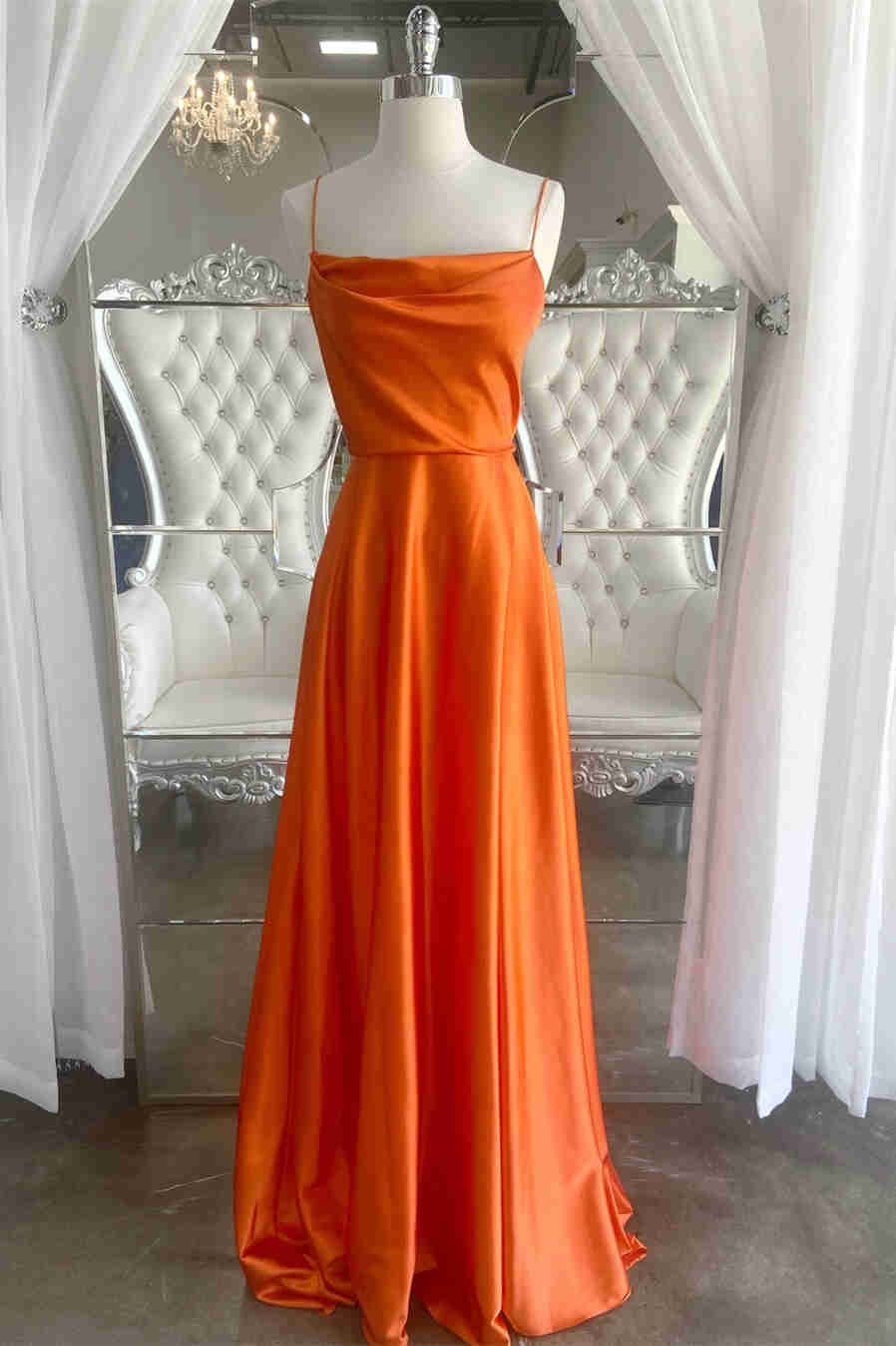 Vestido formal de satén verde con escote vuelto y abertura, corte A, vestido de fiesta único