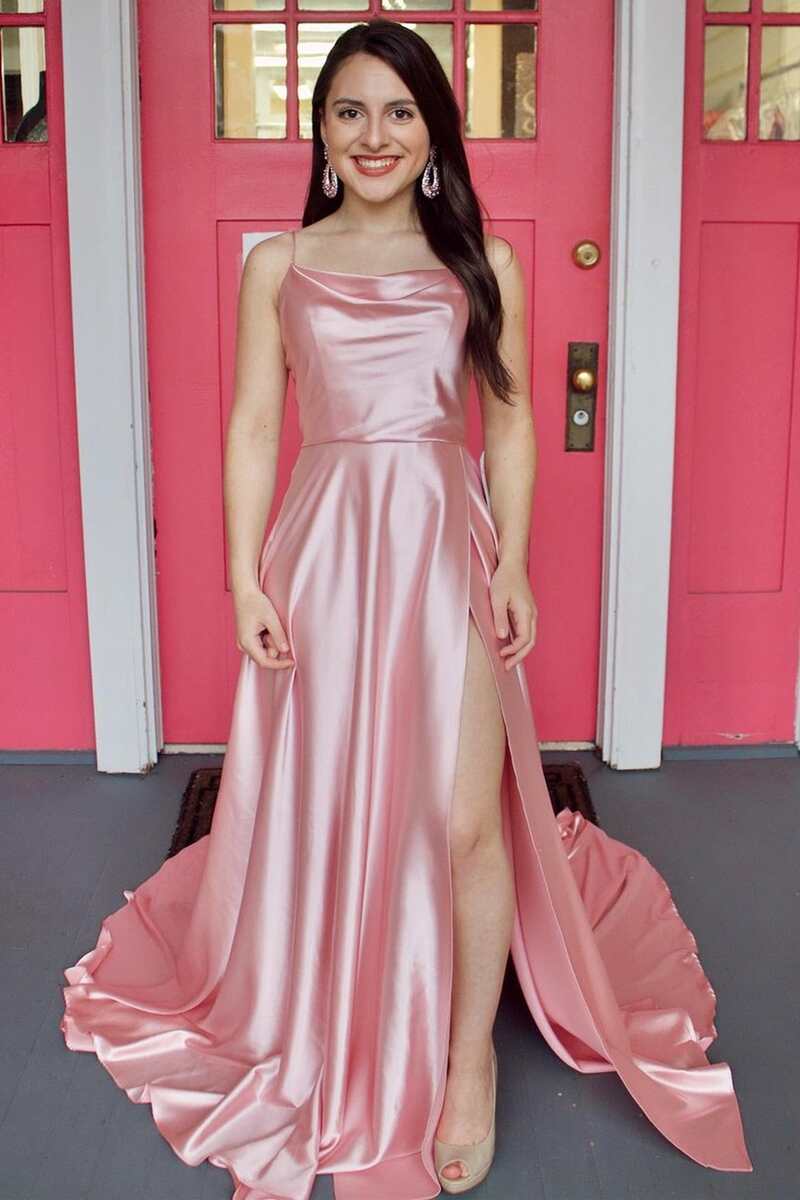 Vestido formal de satén verde con escote vuelto y abertura, corte A, vestido de fiesta único