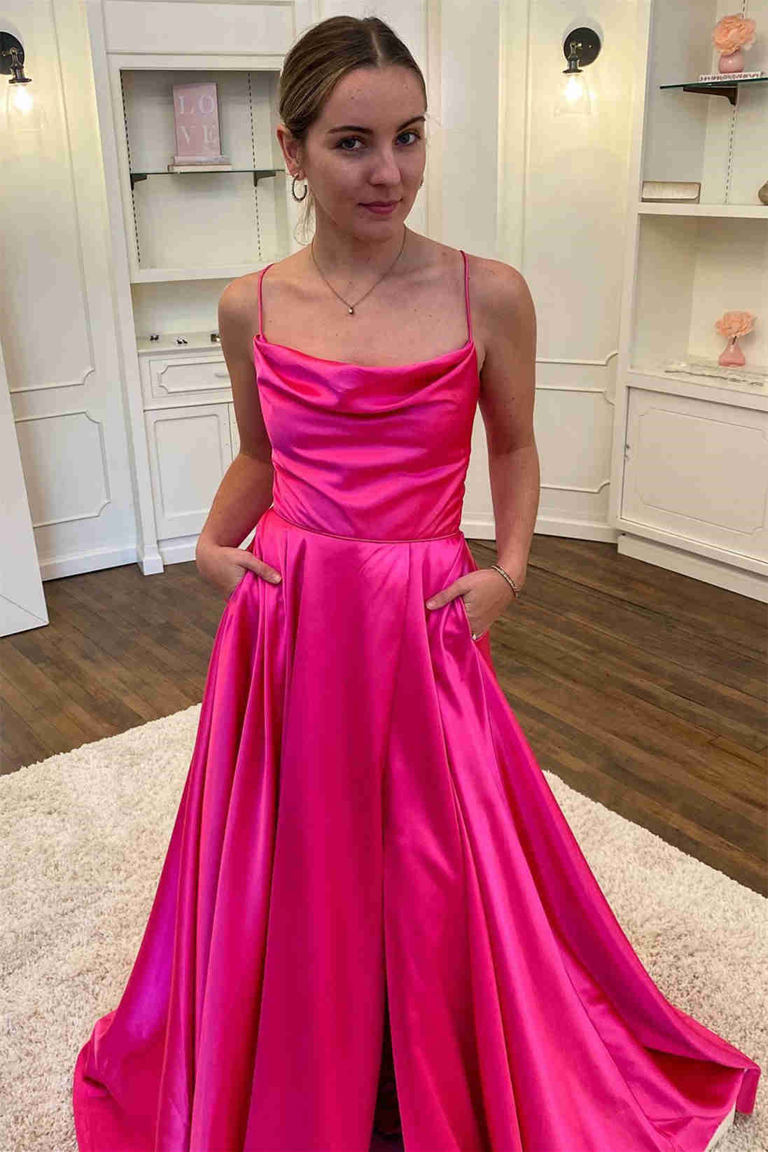 Vestido formal de satén verde con escote vuelto y abertura, corte A, vestido de fiesta único