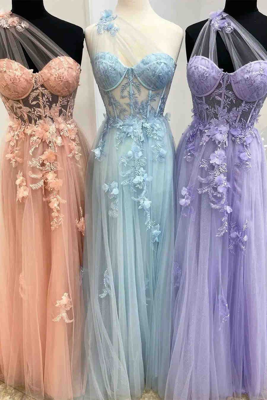 Vestido de fiesta lavanda con escote corazón y un hombro con flores, vestidos de graduación con aberturas