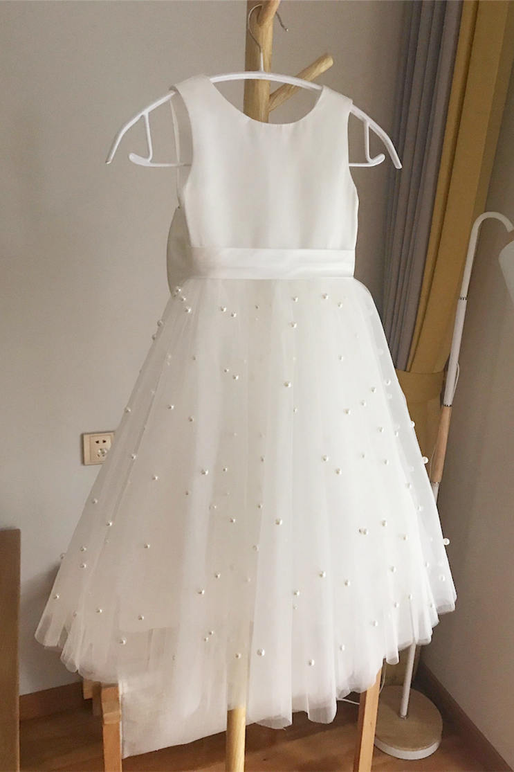 Vestido de fiesta para niña color marfil con perlas y corte A, bonitos vestidos para niña de las flores