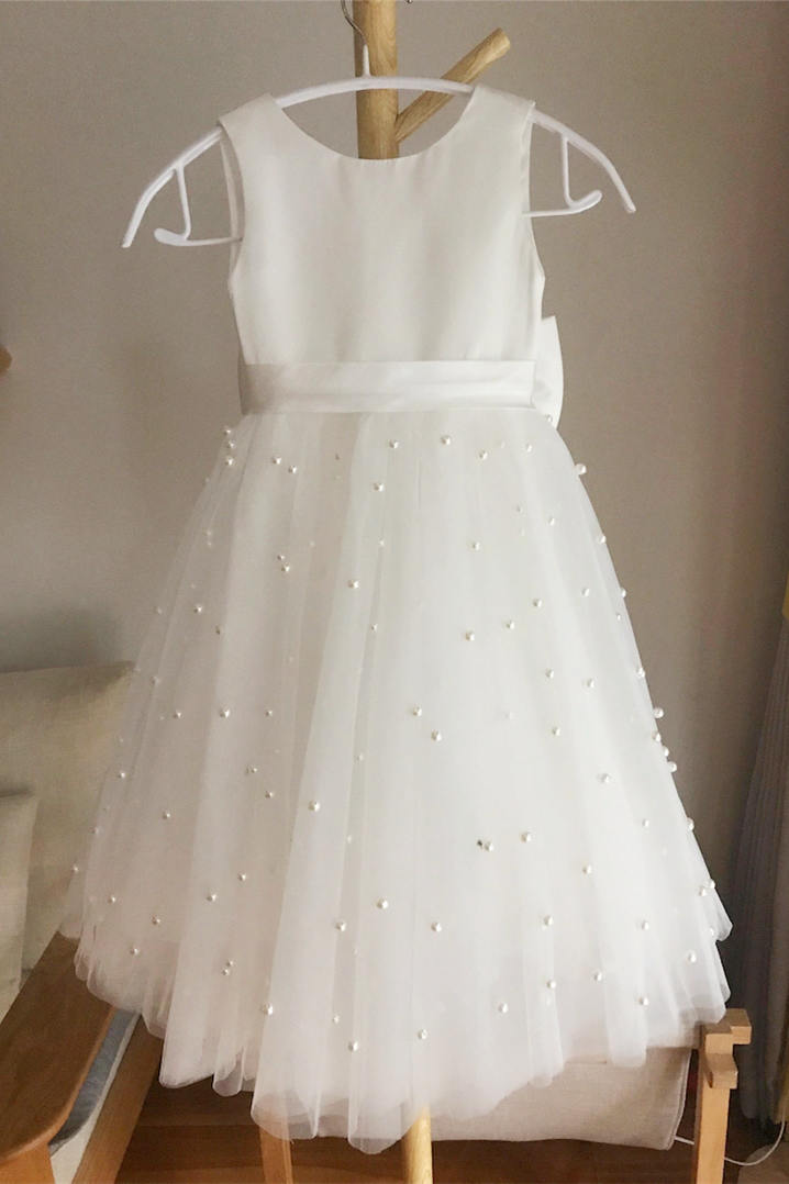 Vestido de fiesta para niña color marfil con perlas y corte A, bonitos vestidos para niña de las flores