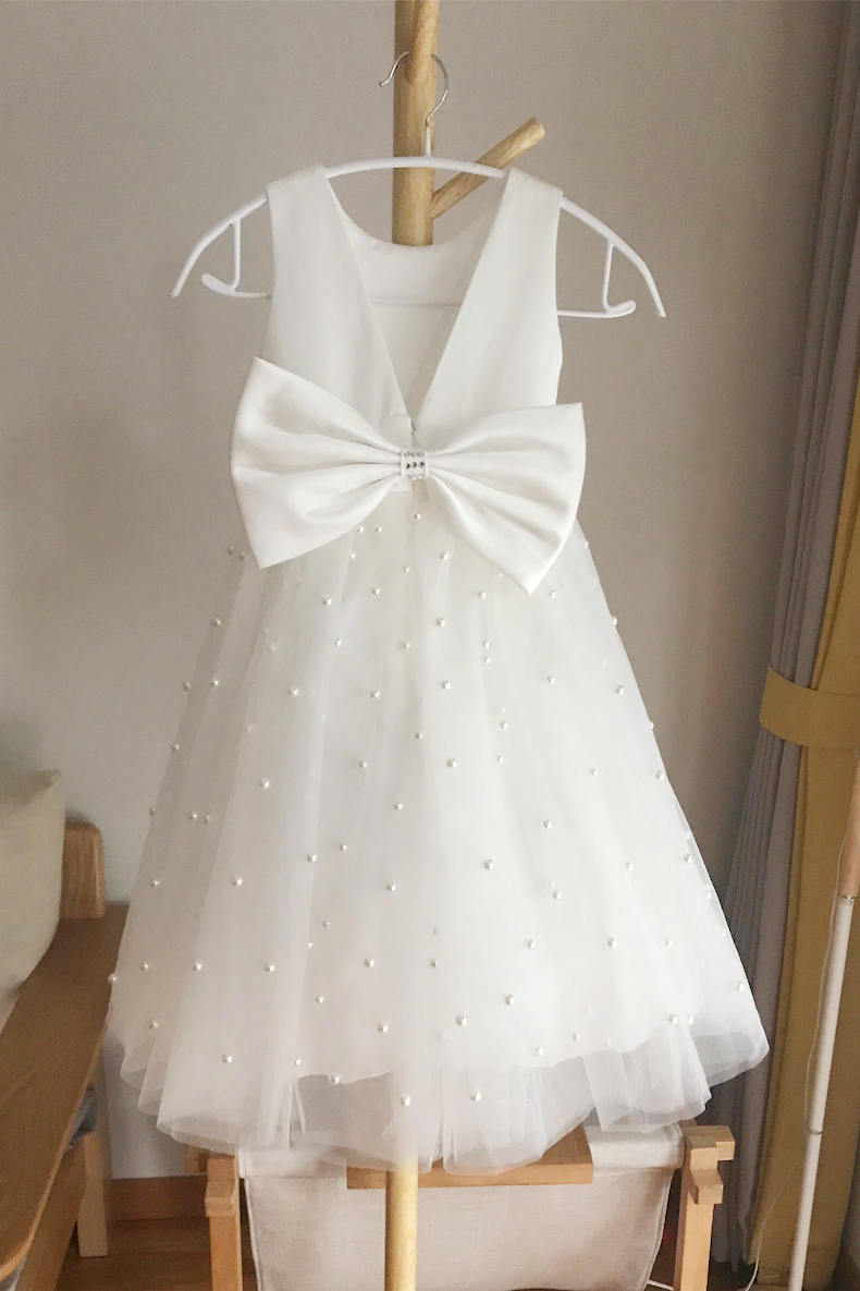 Vestido de fiesta para niña color marfil con perlas y corte A, bonitos vestidos para niña de las flores