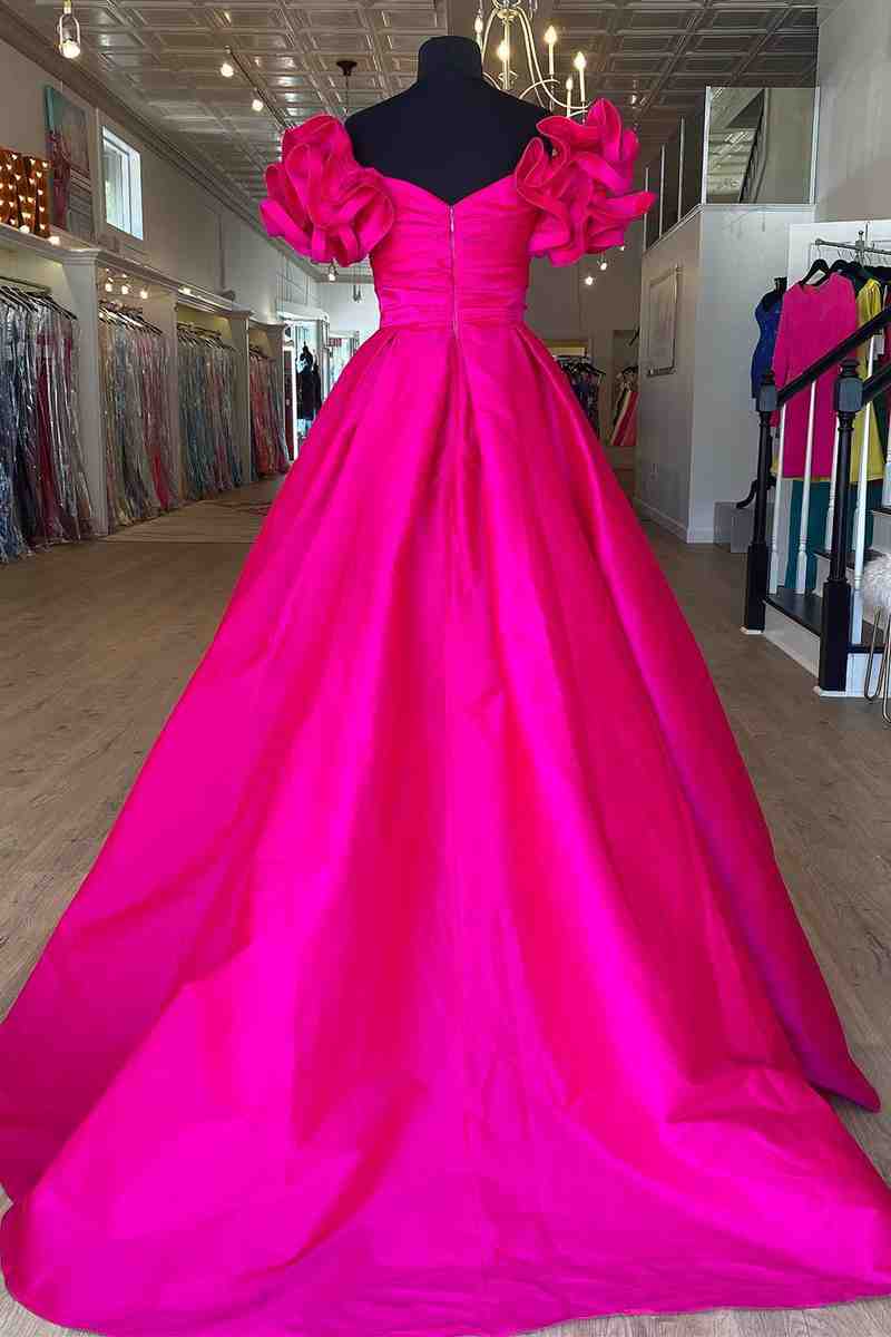 Vestido formal largo de satén fucsia con hombros descubiertos y corte A, vestidos de noche de satén amarillo