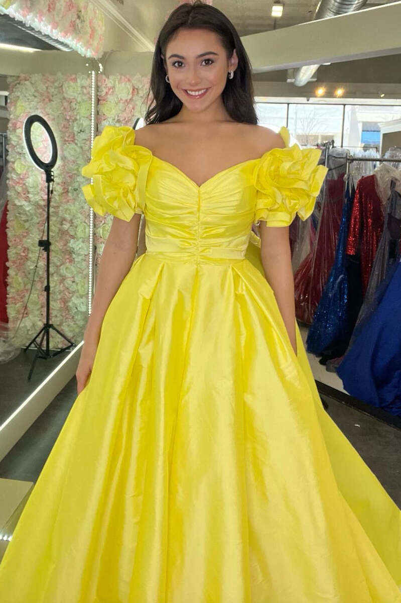 Vestido formal largo de satén fucsia con hombros descubiertos y corte A, vestidos de noche de satén amarillo