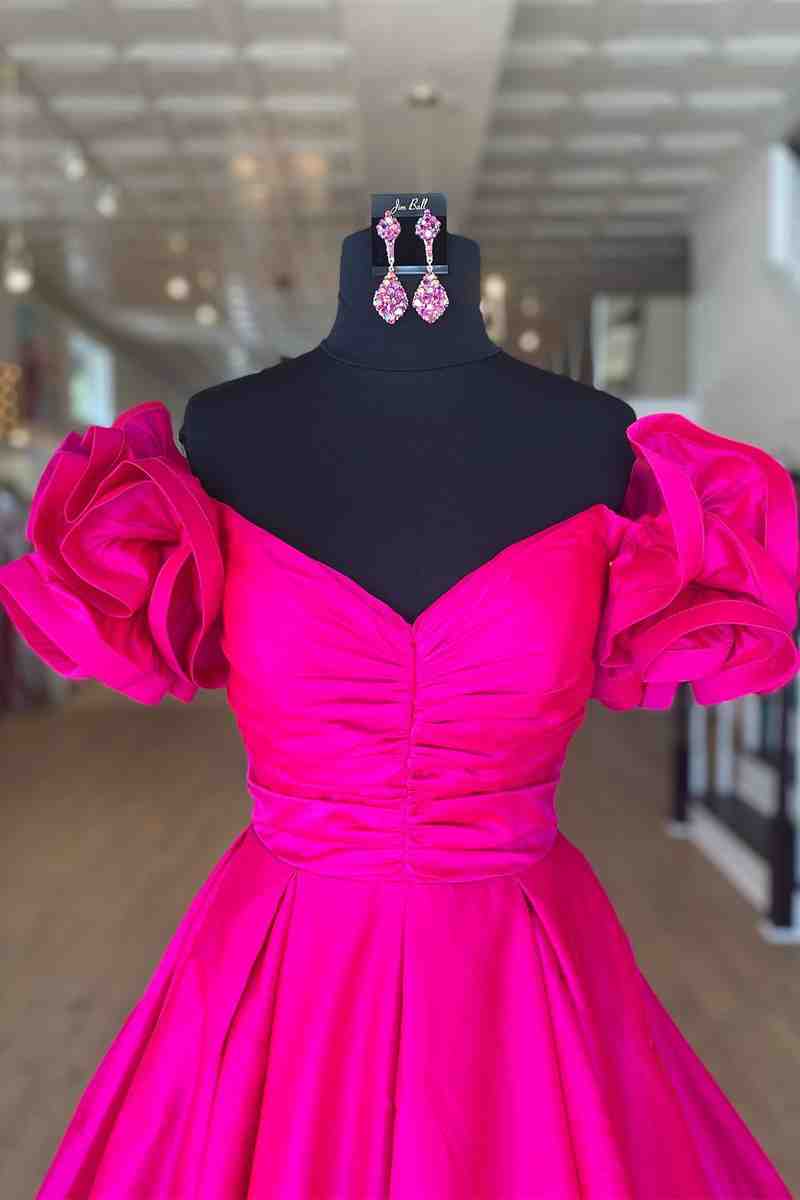 Vestido formal largo de satén fucsia con hombros descubiertos y corte A, vestidos de noche de satén amarillo