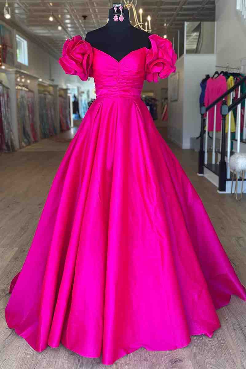 Vestido formal largo de satén fucsia con hombros descubiertos y corte A, vestidos de noche de satén amarillo
