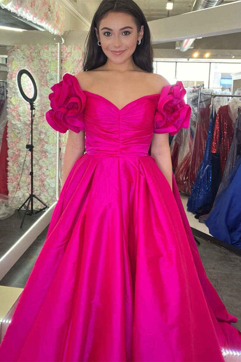 Vestido formal largo de satén fucsia con hombros descubiertos y corte A, vestidos de noche de satén amarillo