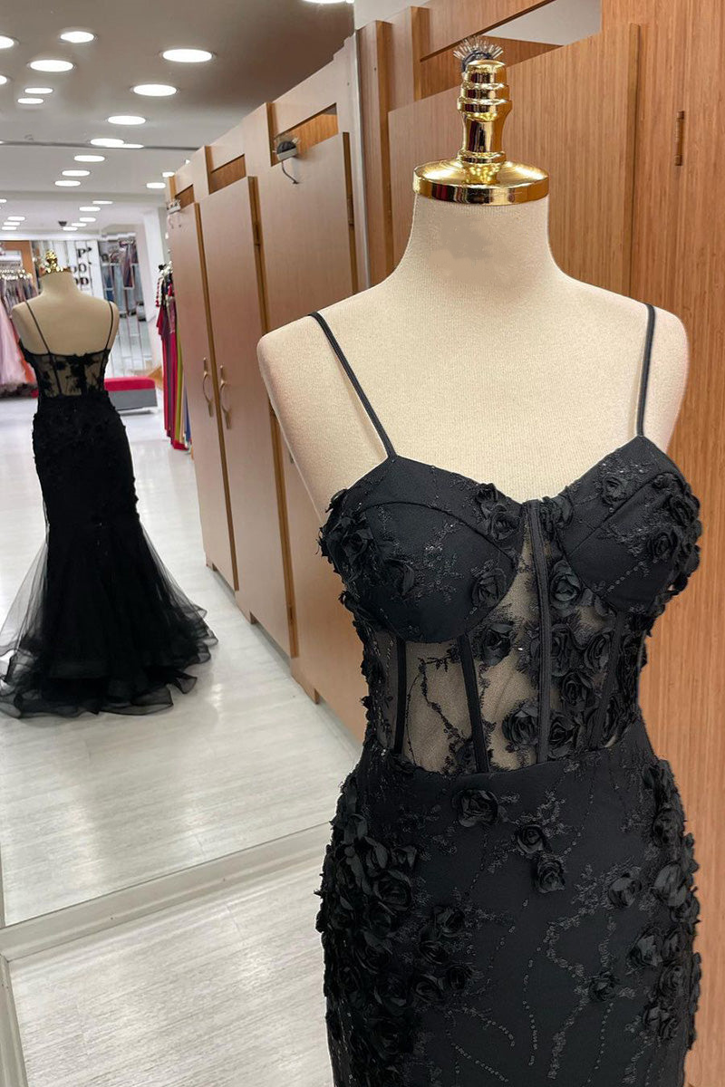 Vestido de fiesta largo de tul con apliques de sirena y tirantes de corazón negro