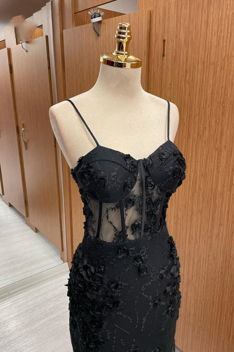 Vestido de fiesta largo de tul con apliques de sirena y tirantes de corazón negro