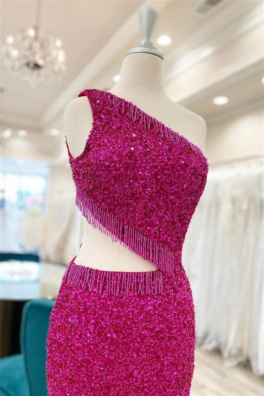 Vestido de fiesta fucsia de un solo hombro con cordones, lentejuelas y borlas