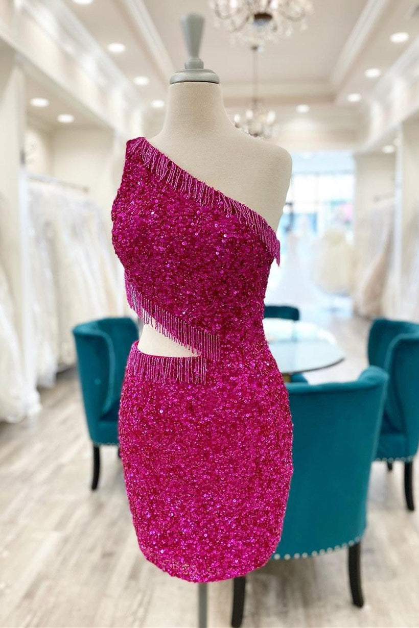Vestido de fiesta fucsia de un solo hombro con cordones, lentejuelas y borlas