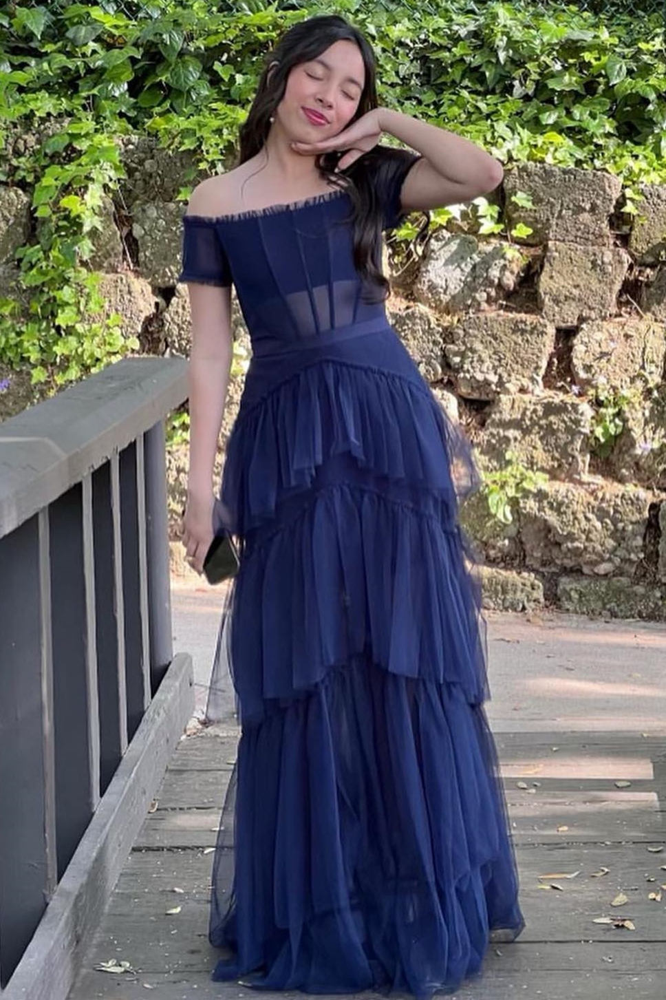 Off Shoulder Black Tiered Tulle Prom Dresses, Short Sleeves Corset Graduation Gown GP643