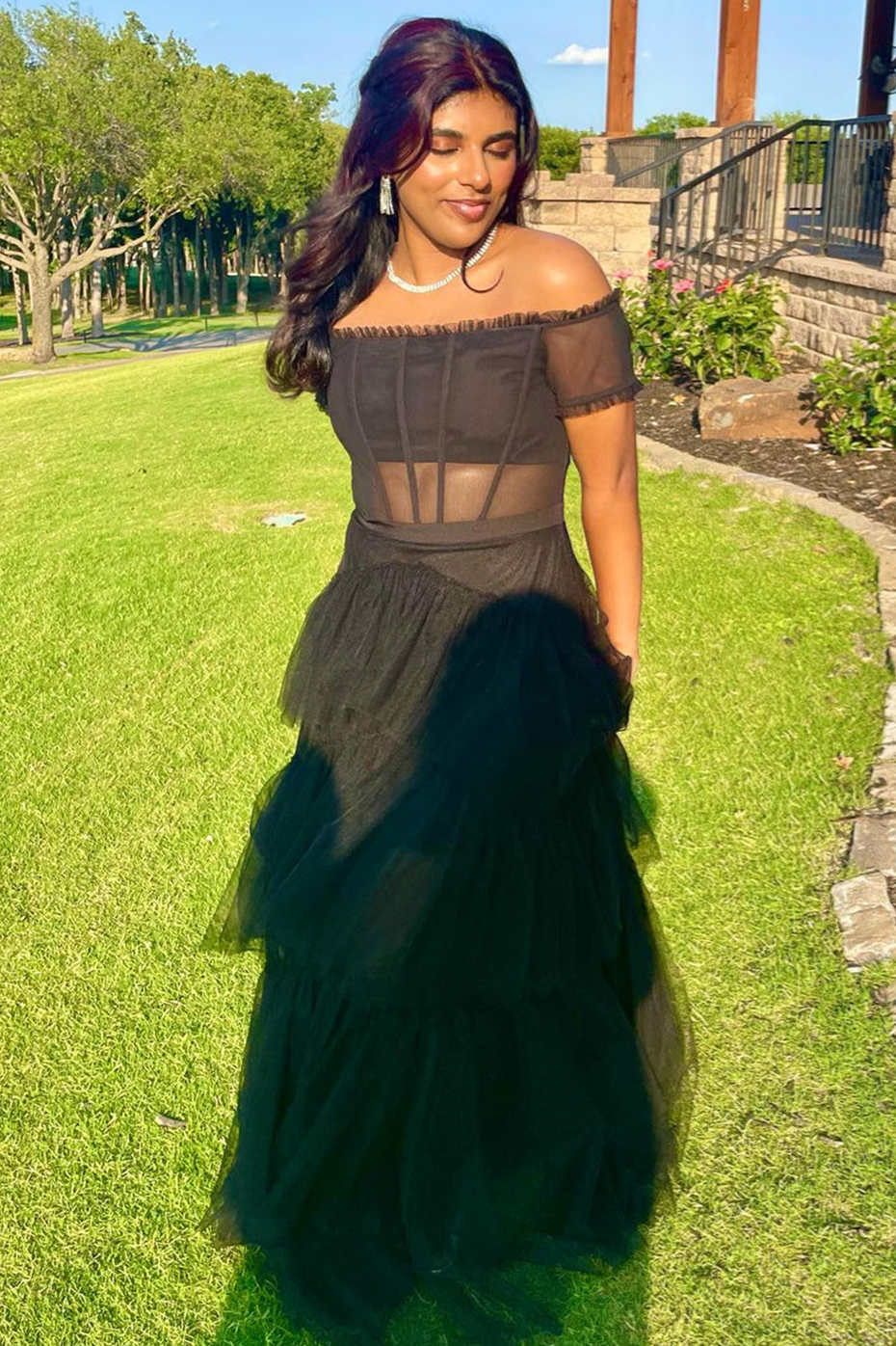 Off Shoulder Black Tiered Tulle Prom Dresses, Short Sleeves Corset Graduation Gown GP643