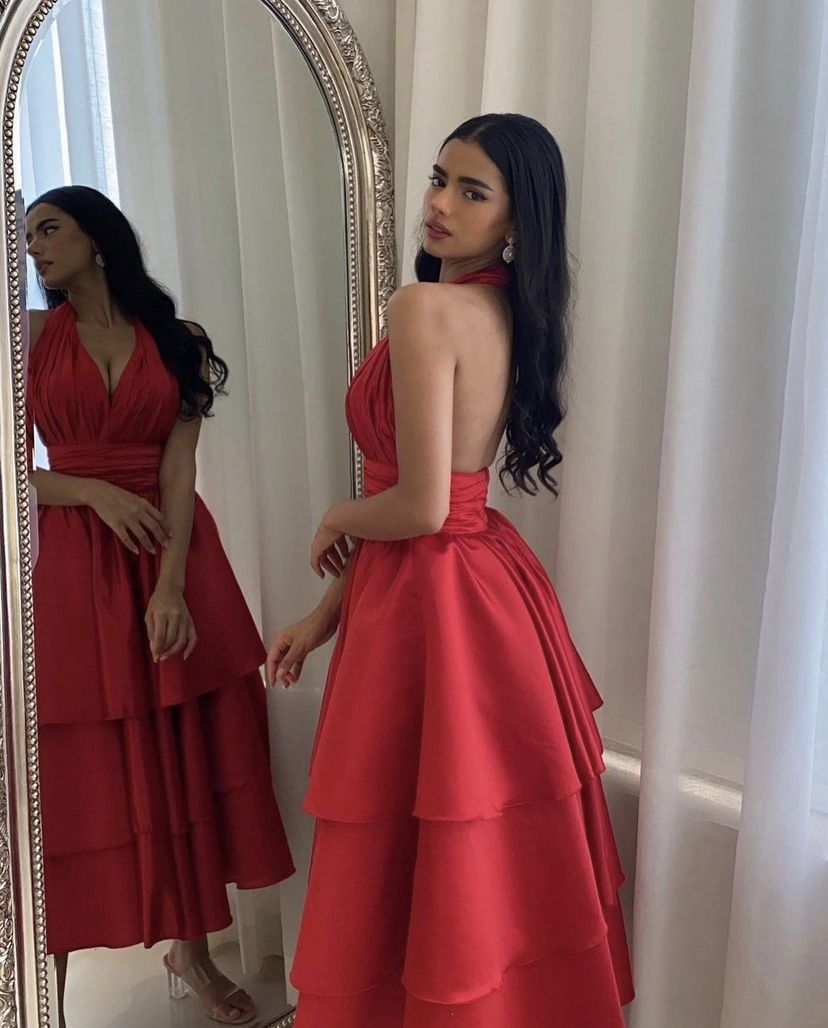 Vestidos de fiesta rojos de corte A, vestido de noche de satén con espalda abierta