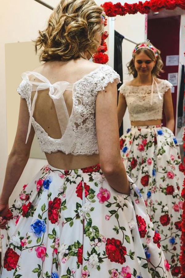 Floral Printed Two Piece Prom Dress Cap Sleeves with Pockets MP723