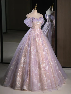 Vestidos de fiesta largos de encaje lila con hombros descubiertos, vestidos formales y vestidos de noche GG015