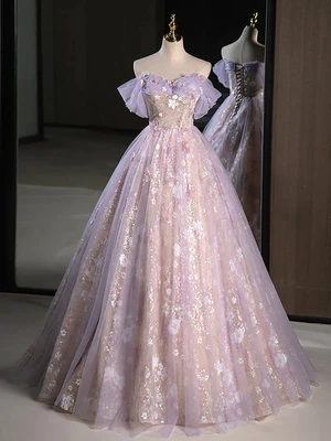 Vestidos de fiesta largos de encaje lila con hombros descubiertos, vestidos formales y vestidos de noche GG015