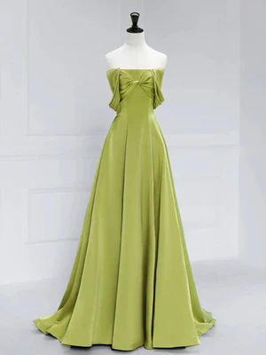 Elegante vestido de fiesta largo de satén verde con hombros descubiertos y corte en A, vestido de noche formal largo GG026