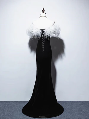 Elegante vestido de fiesta largo de terciopelo negro con escote sirena y hombros descubiertos, vestido de noche formal GG039