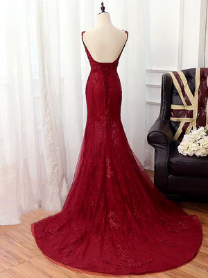 New Bright Mermaid V Neck Burgundy Applique Lace Sweep Prom Dresses, Wine Red Mermaid Lace Formal Bridesmaid Dresses GG099