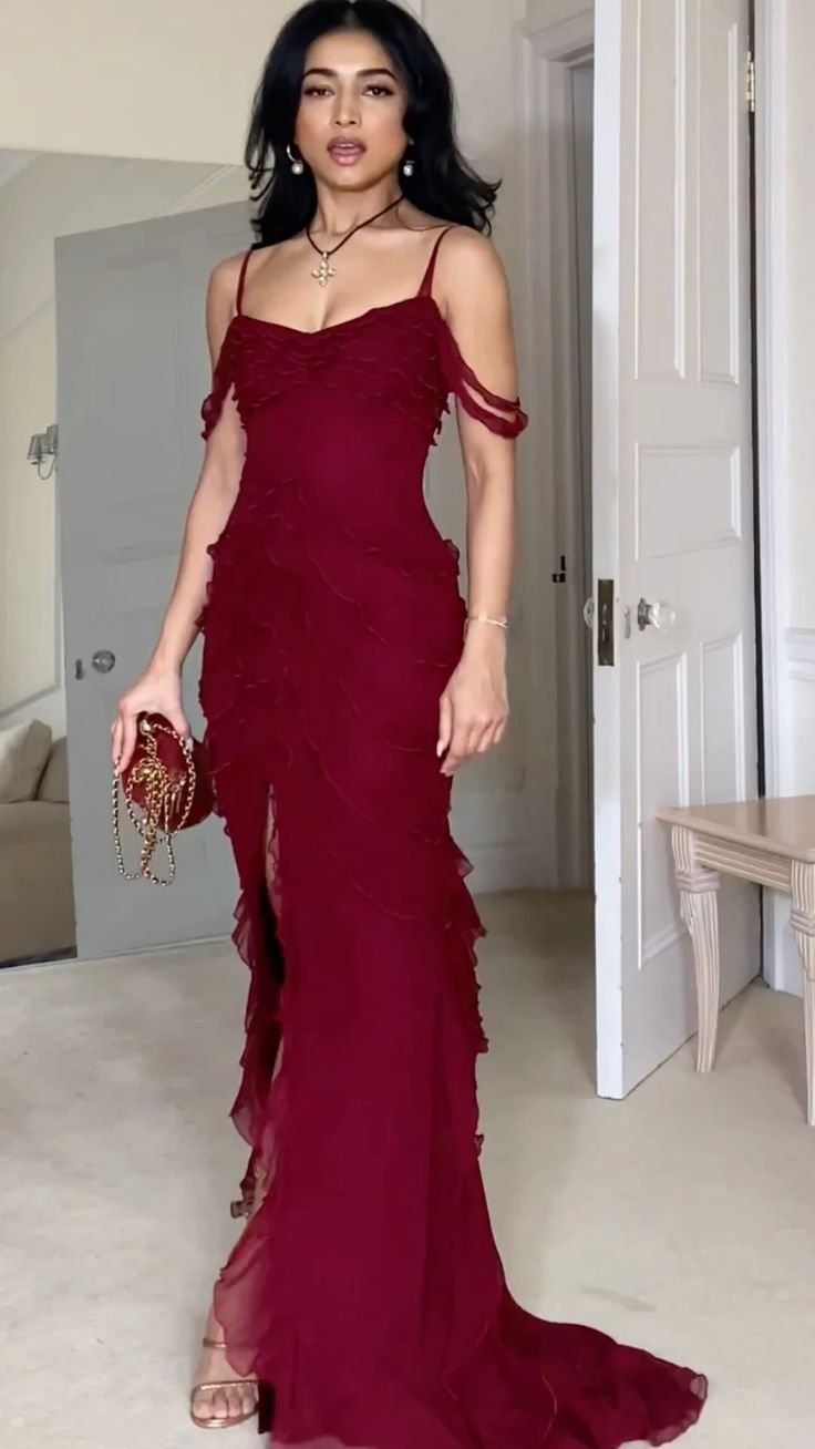 Vestido de fiesta largo de gasa con hombros descubiertos y tirantes finos de sirena, sexy, vestido de noche GG1064