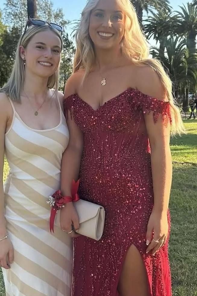 Vestido de fiesta largo de sirena con hombros descubiertos, satén burdeos, tul, abertura, lentejuelas y cuentas, vestido de noche GG1335