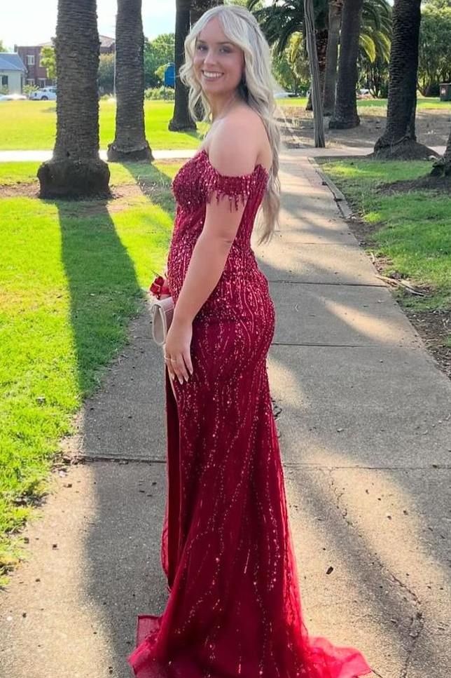Vestido de fiesta largo de sirena con hombros descubiertos, satén burdeos, tul, abertura, lentejuelas y cuentas, vestido de noche GG1335