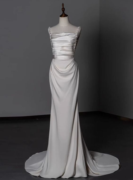 Elegante vestido de fiesta largo de satén blanco con tirantes finos y cuentas, corte en A, para novia y noche, GG135