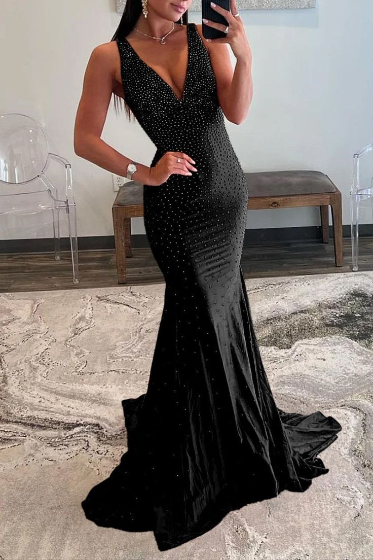 Hermoso vestido de fiesta largo de satén con escote en V y cuentas, vestido de noche GG1492