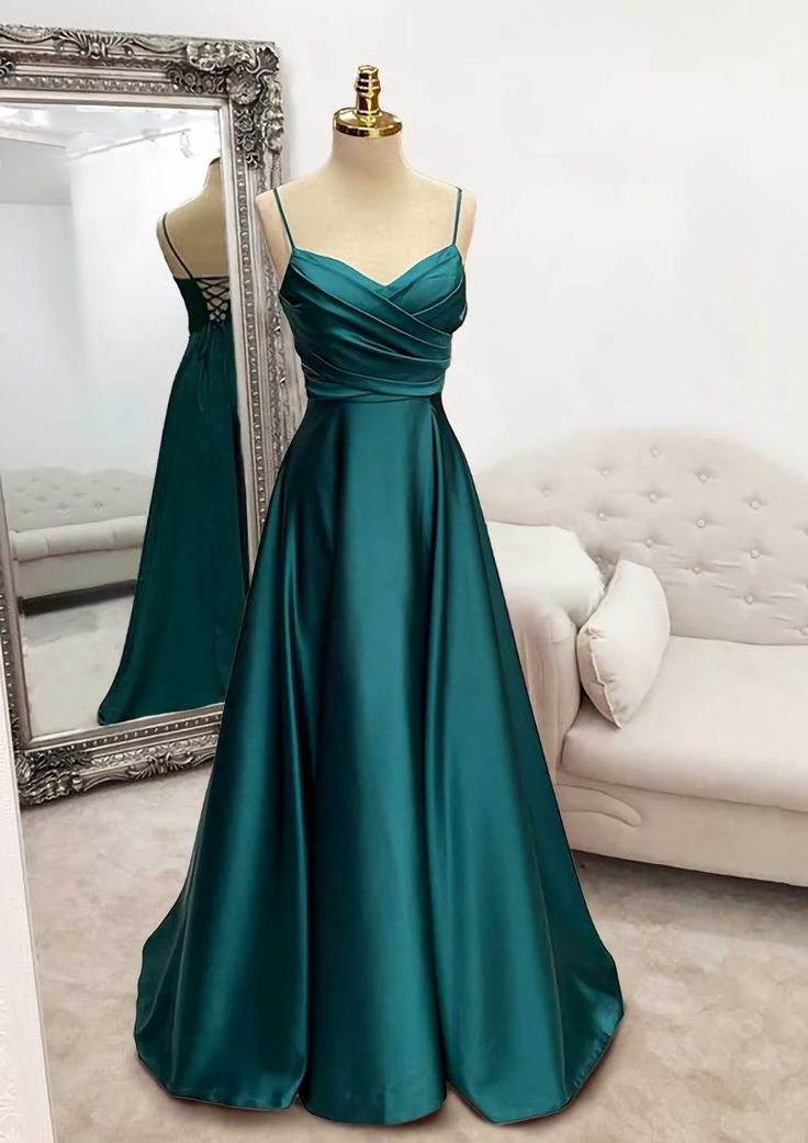 Elegante vestido de fiesta largo plisado de satén con tirantes finos, corte A, para dama de honor y noche GG1723