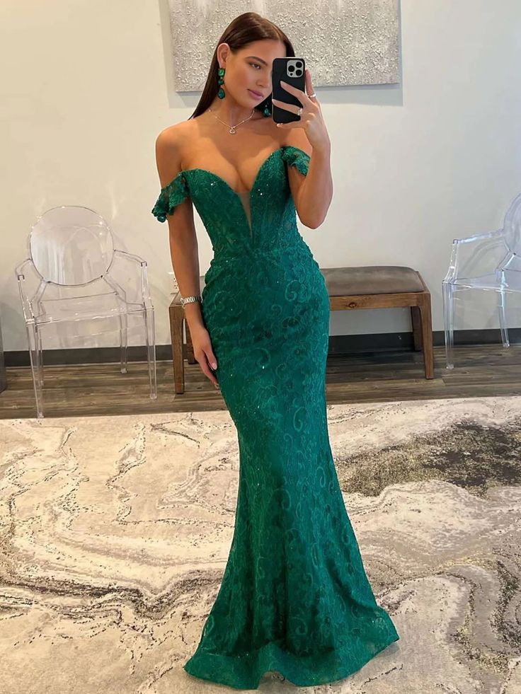 Hermoso vestido de fiesta largo de satén con encaje y hombros descubiertos, estilo sirena, vestido de noche GG1758
